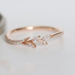 Women's Dainty 18K Rose Gold CZ Diamond Eternity Leaf Promise Engagement Ring
